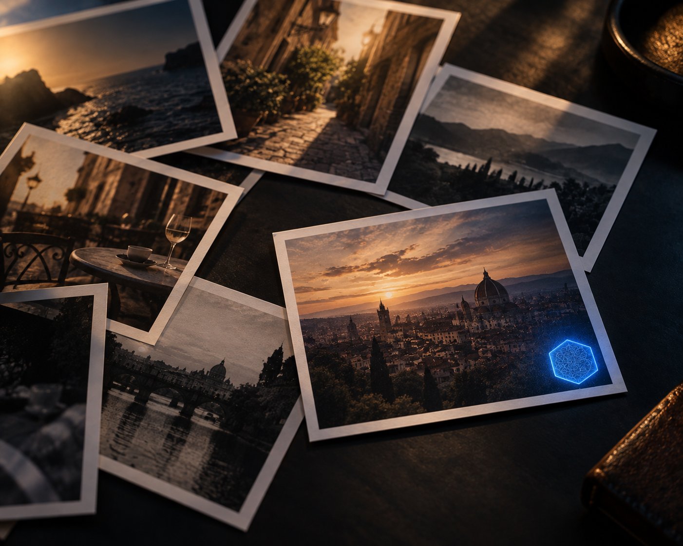 Several printed photographs scattered across a dark desk, most plain, one showing a city at sunset with a glowing blue hexagonal seal in its corner