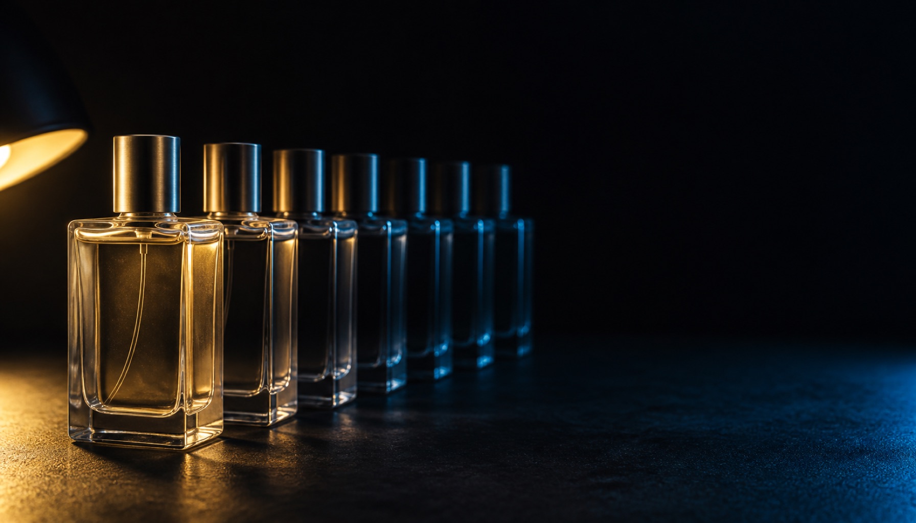 A precise row of identical unlabelled glass perfume bottles running from warm light into cool shadow