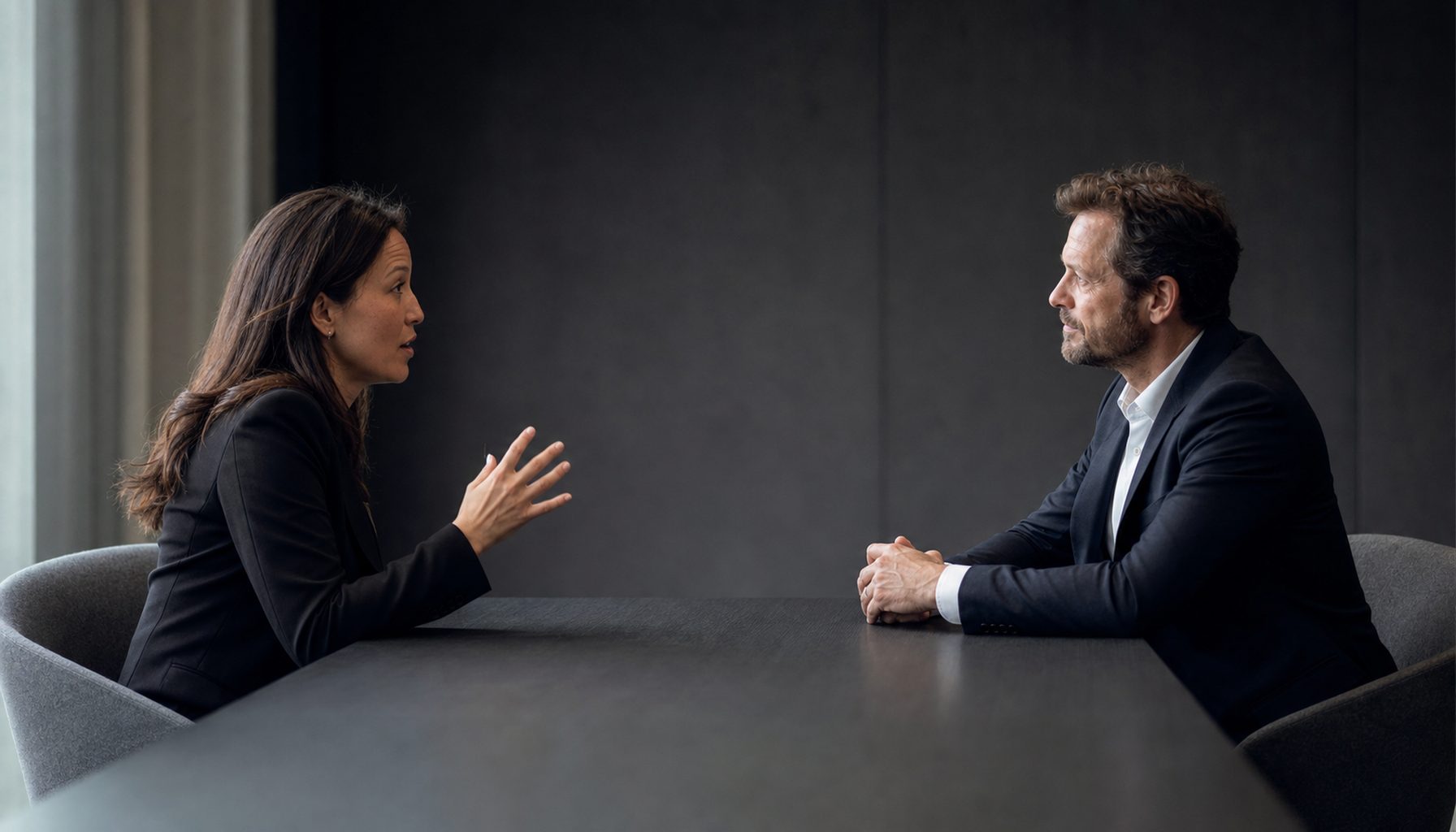 Two professionals in a focused conversation across a table in a minimal conference room
