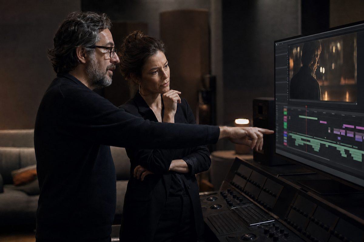A director and editor reviewing footage together at a post-production console, the editor pointing at the timeline on screen
