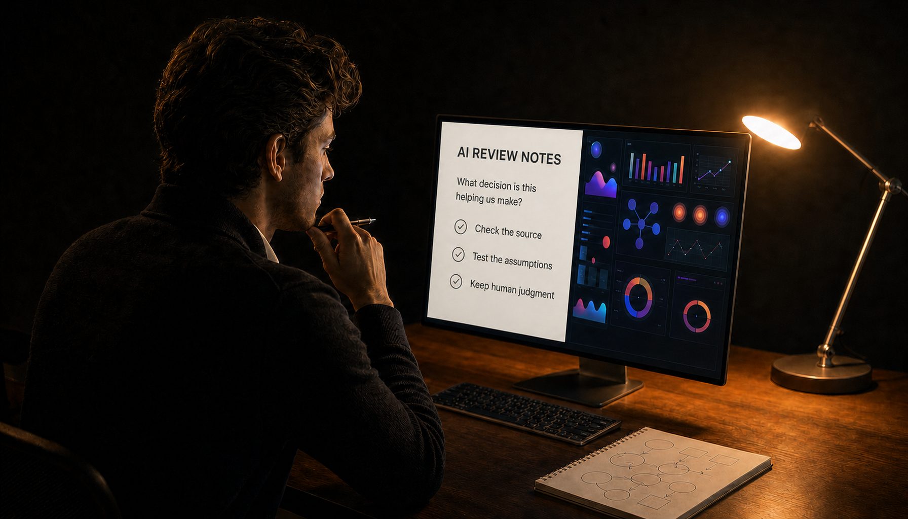 A graduate at a dark desk reviewing AI-generated output on a monitor, pen in hand, notepad beside the laptop