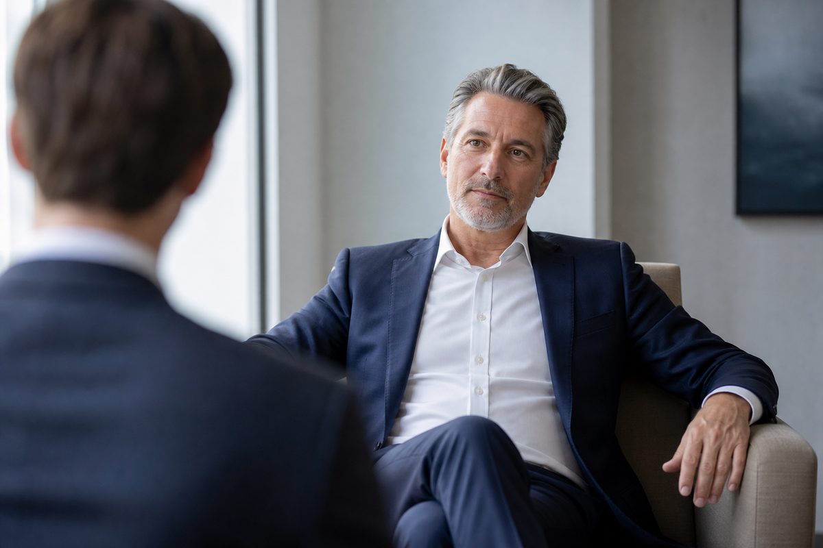 A senior hiring manager listening intently in an interview, candidate visible but out of focus in the foreground