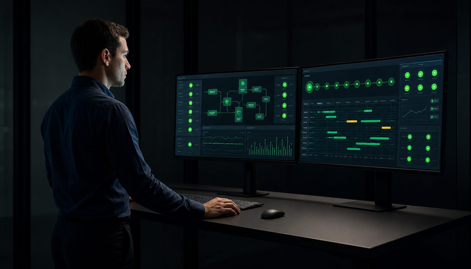 A developer monitoring two live automation dashboards glowing green in a dark room, workflows running autonomously