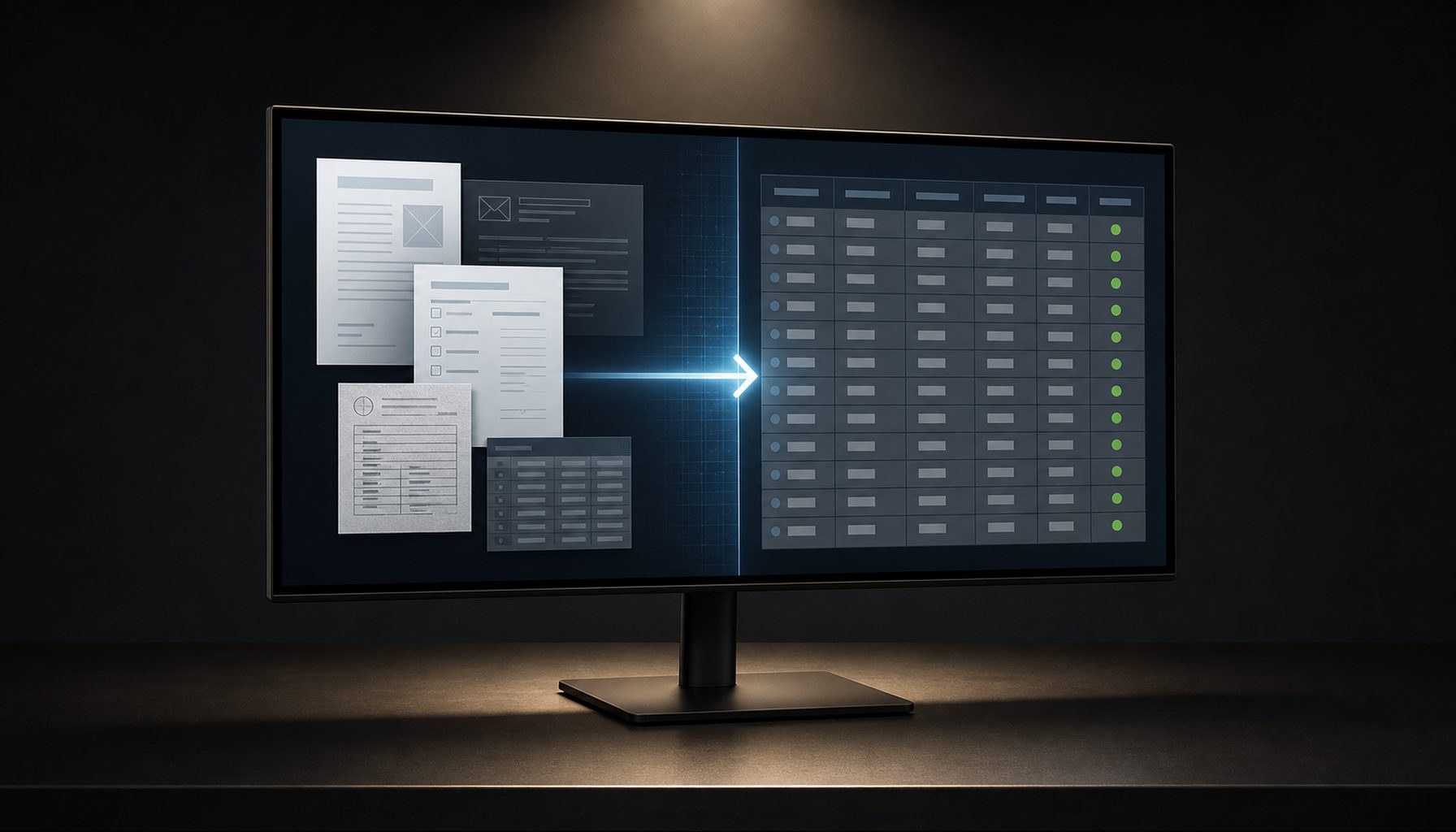 A split-screen monitor showing varied documents transforming into a structured database — agentic AI document intake