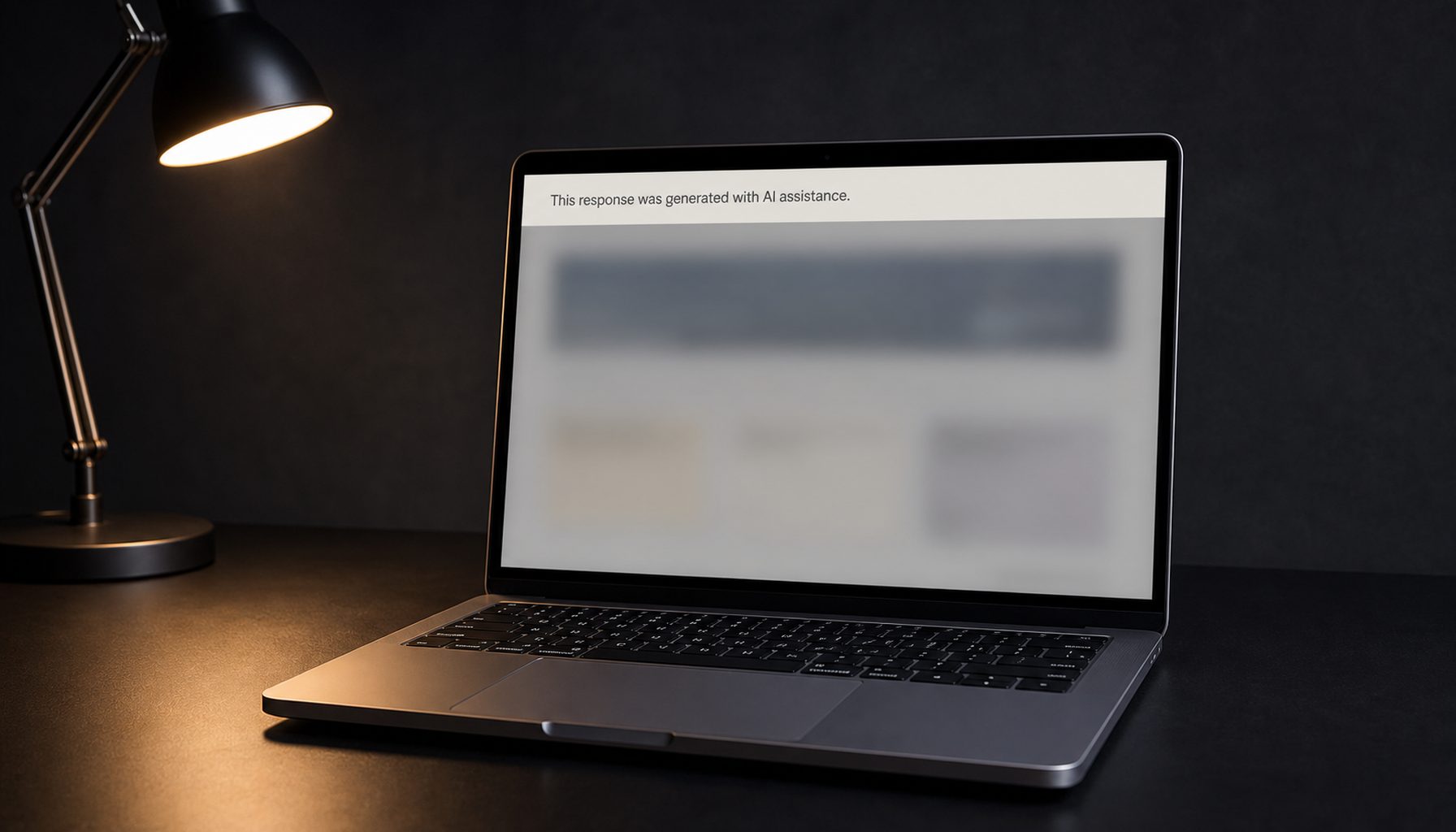 A laptop on a dark desk showing an AI disclosure banner reading 'This response was generated with AI assistance', desk lamp casting warm light