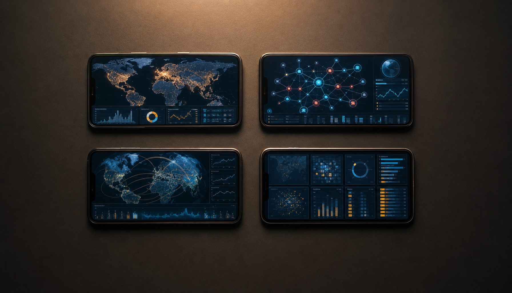 Four illuminated screens arranged in a grid on a dark desk, each showing a different dashboard, overhead warm light