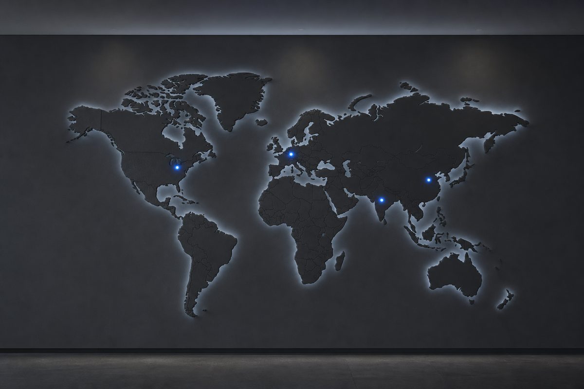 A large backlit world map on a dark wall with four glowing blue pinpoints marking the US, EU, China, and India