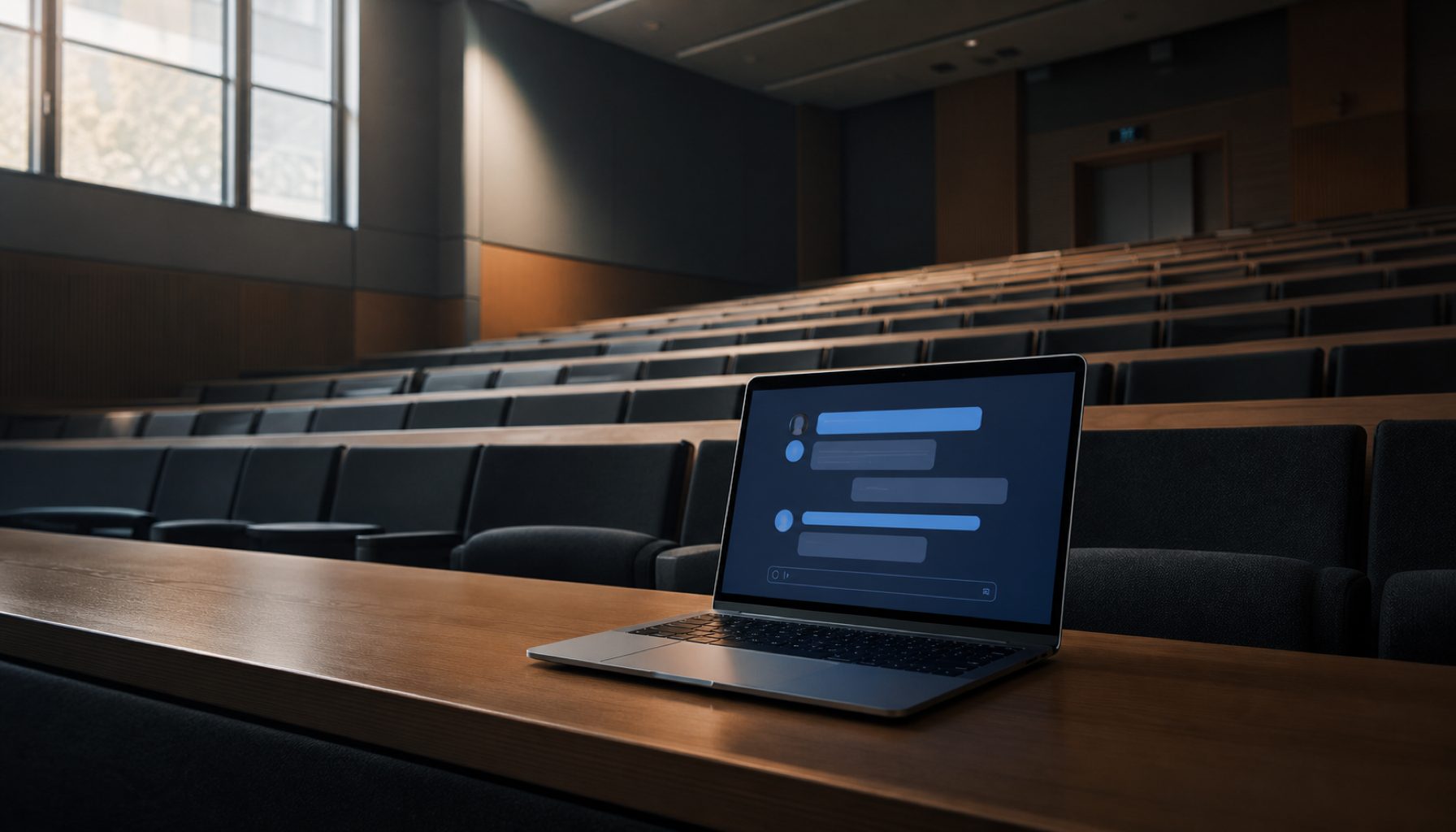 An empty university lecture hall with a single open laptop glowing in the foreground, rows of seats receding into darkness behind it
