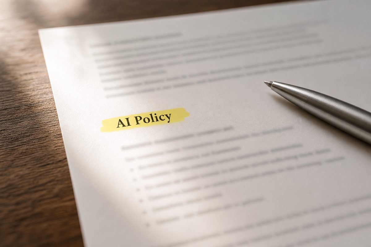 Close-up of a printed course syllabus on a desk, the AI Policy section highlighted in yellow, a pen resting beside it