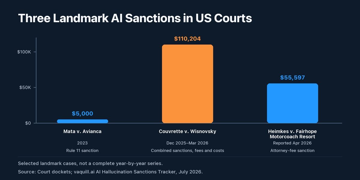 Bar chart comparing three landmark AI hallucination sanctions in US courts: Mata v. Avianca at $5,000, Heimkes v. Fairhope at $55,597, and Couvrette v. Wisnovsky at $110,204