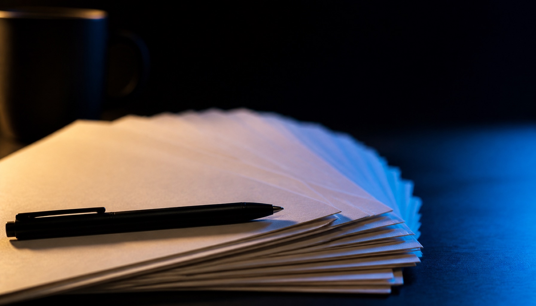 A thick stack of blank sheets fanned across a dark desk under a warm lamp, a pen resting on it and a mug in shadow behind