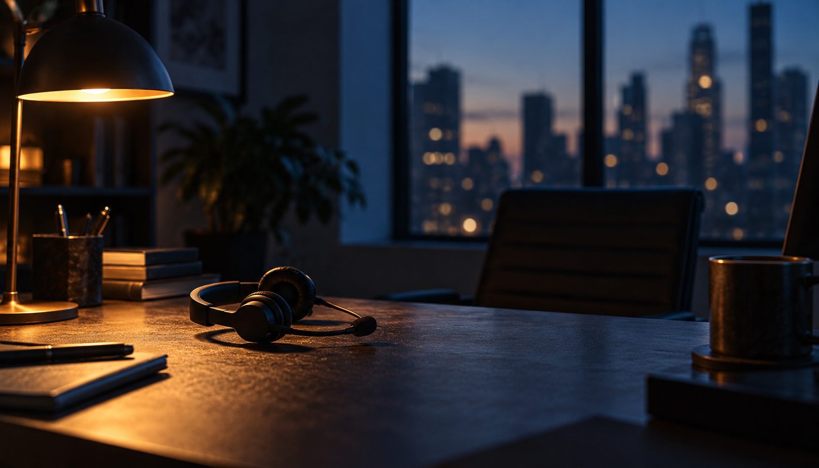An empty desk at dusk, a headset resting near a lit lamp, a city skyline glowing through the window behind an empty chair
