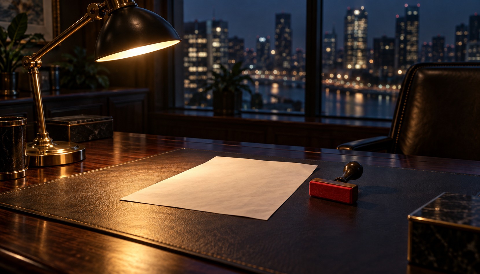 A blank sheet of paper on a dark leather desk pad beside a red rubber stamp, under a brass lamp, with a city skyline at night through the window behind