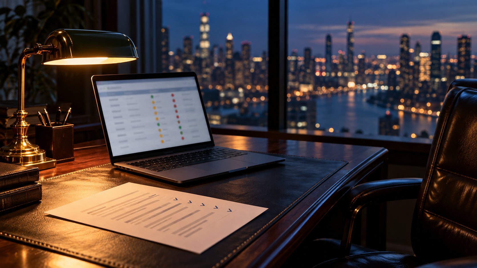 An open laptop on a dark leather desk pad showing a table of rows with green, amber and red status dots, a printed checklist with check marks in front of it, and a brass lamp, with a city skyline at night through the window behind.
