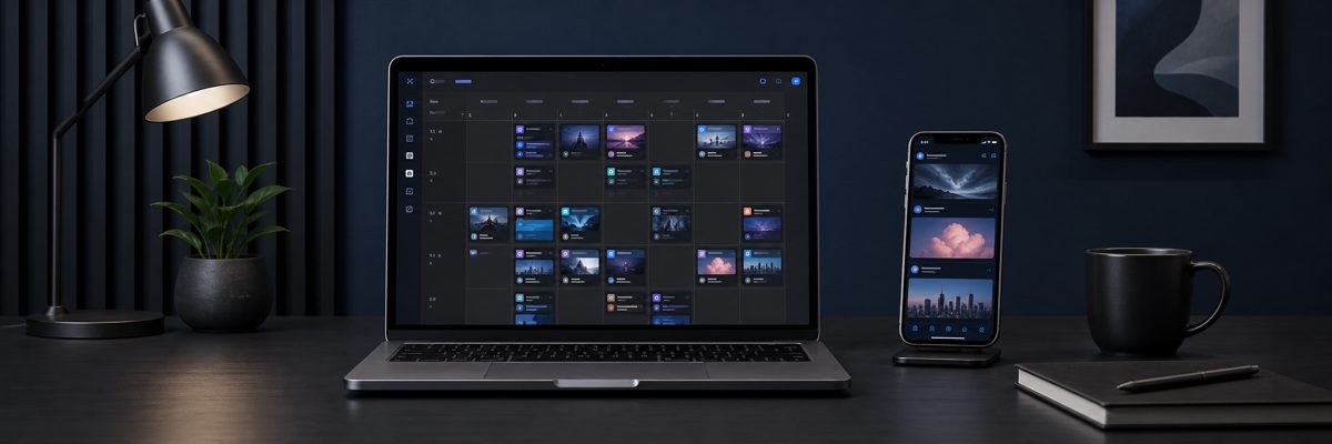 Content scheduling automation — calendar grid on laptop and phone
