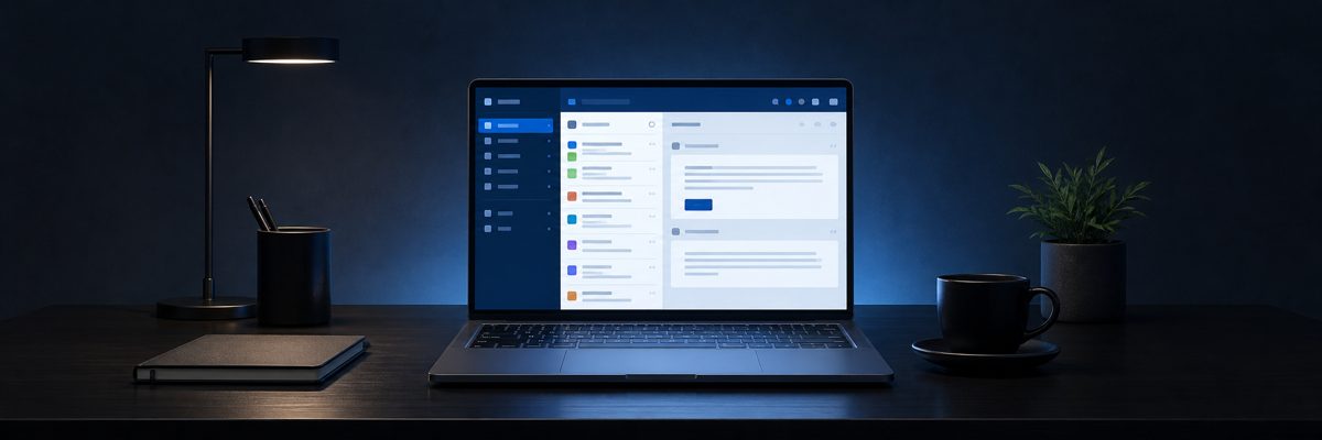 Email triage automation — organised inbox interface on a dark desk