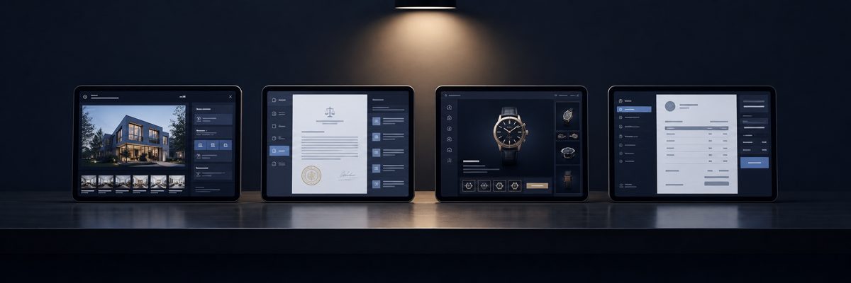 Industry-specific workflows — four tablet screens showing real estate, legal, luxury, and service business dashboards